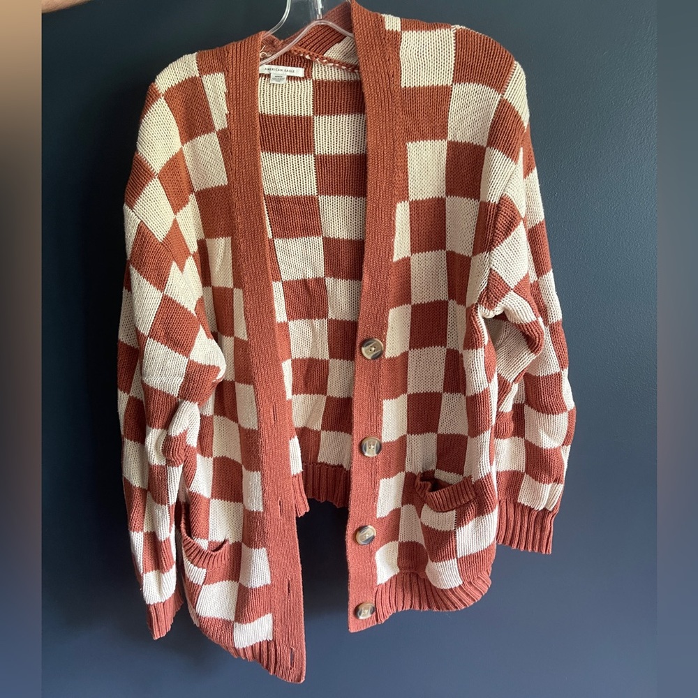 American Eagle Brown and White Checkered Cardigan size Medium